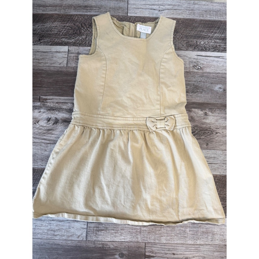 The Childrens Place Girls Tan Sleeveless Jumper Dress Uniform School Bow Size 5T
